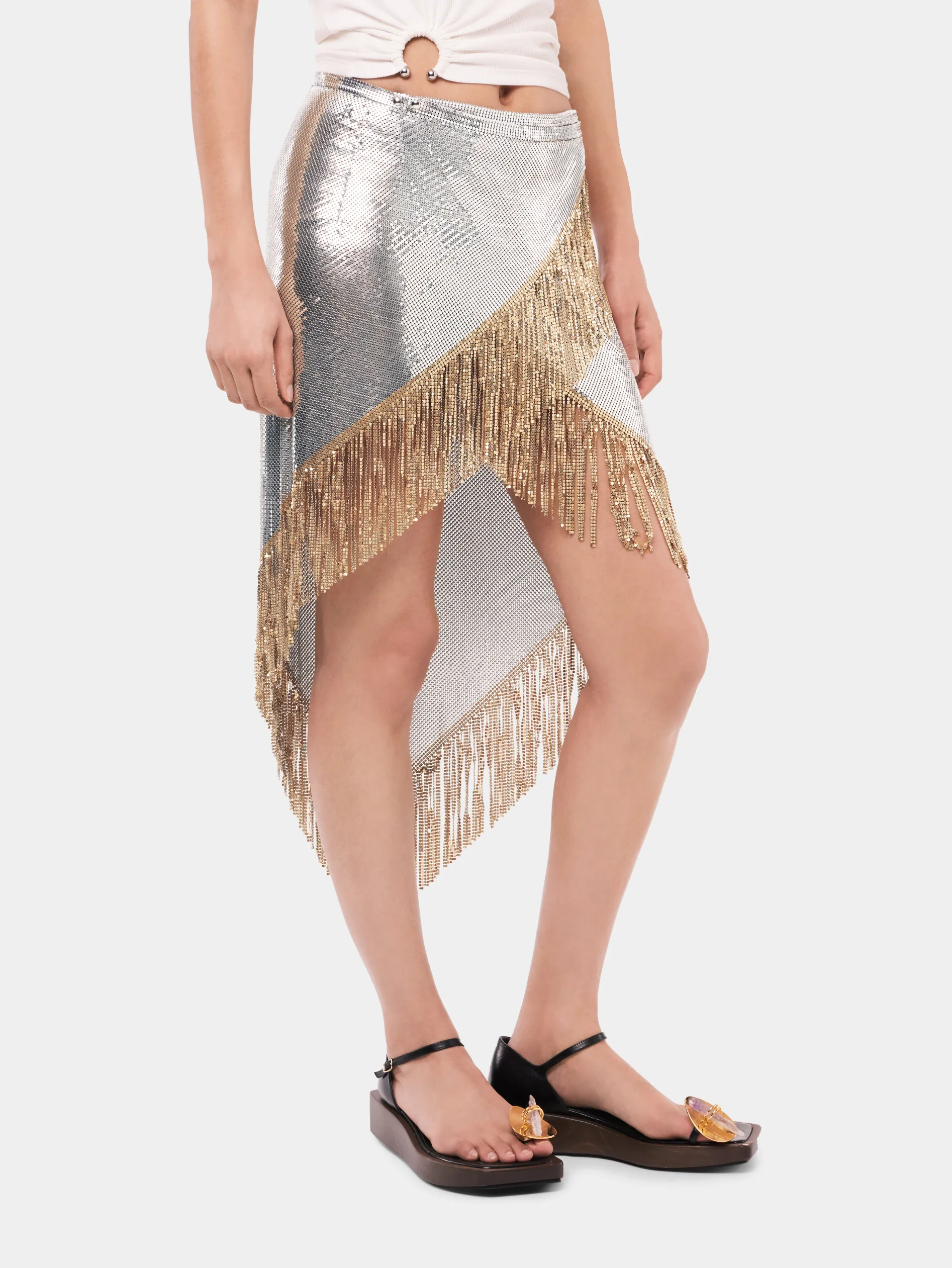 Store Jupe asymétrique en côte de maille à franges métalliques Jupes