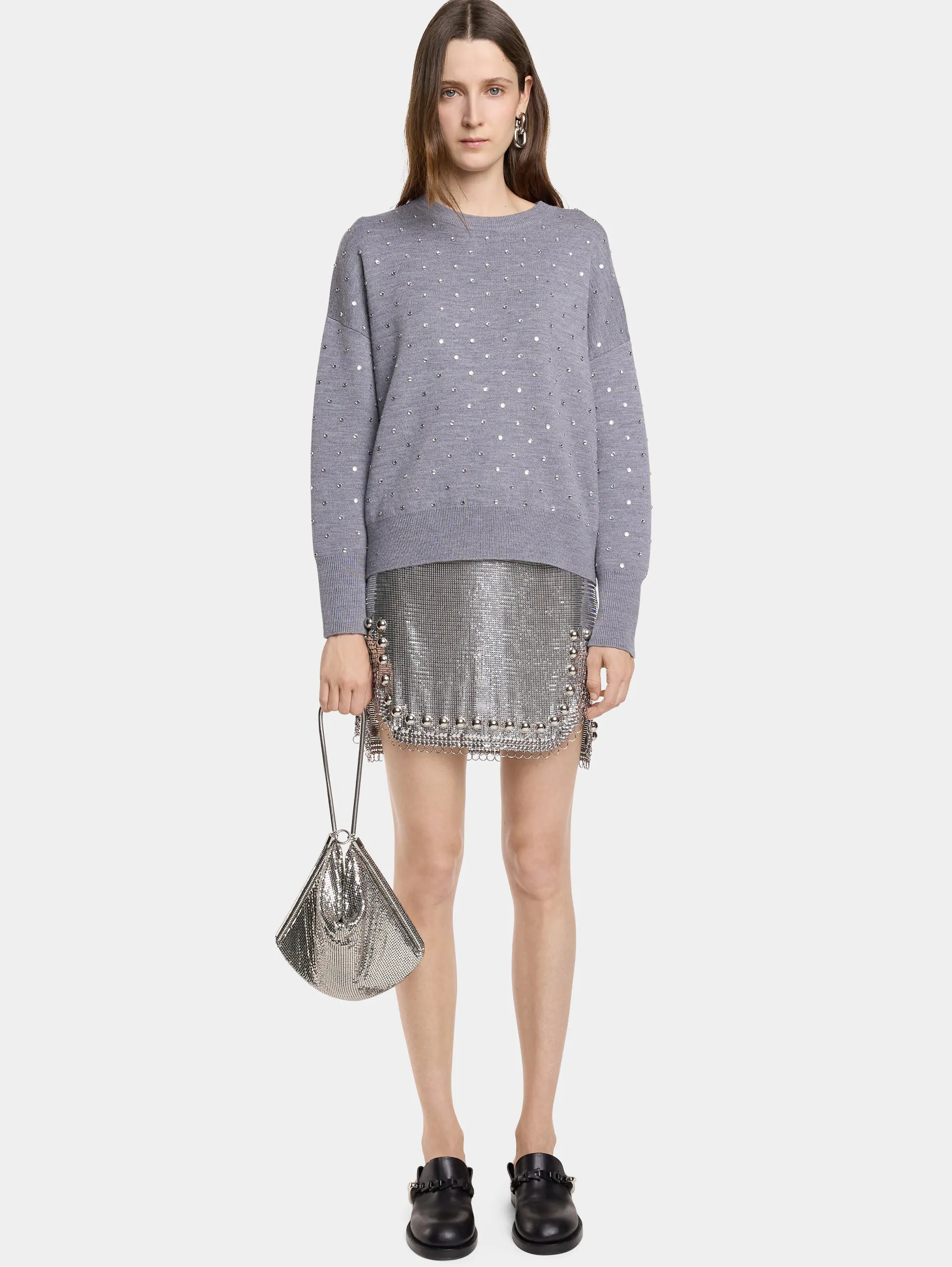 Online pull gris en laine avec détails DE CRISTAUX Maille | Hauts