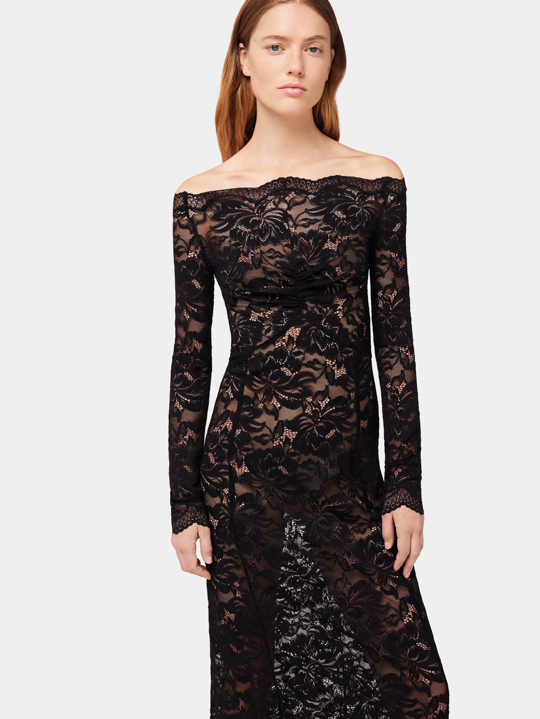 Store Robe longue en dentelle noire à col bardot Robes
