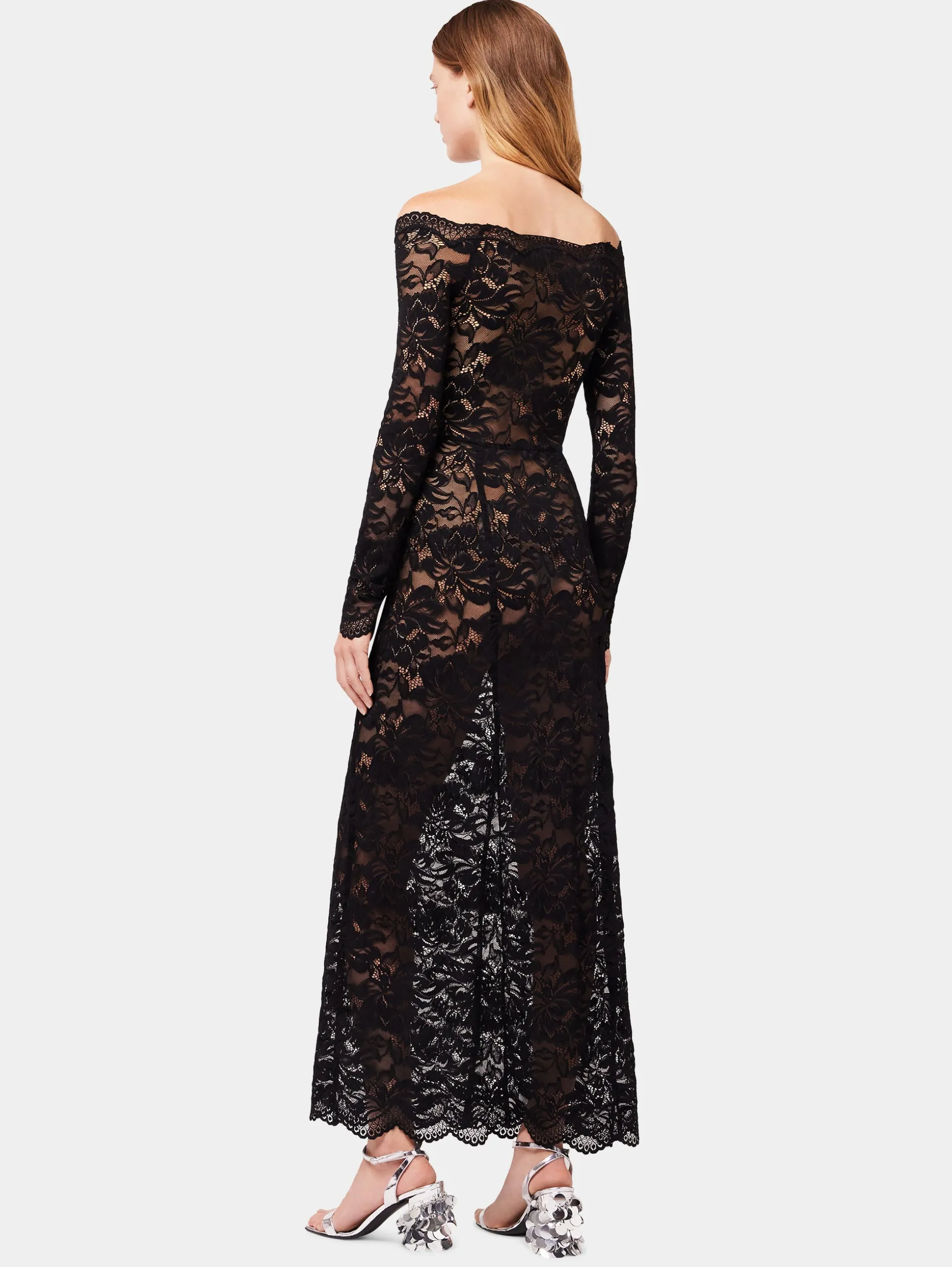 Store Robe longue en dentelle noire à col bardot Robes