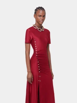 New ROBE LONGUE ROUGE DRAPEE EN JERSEY Sélection De Soirée | Robes