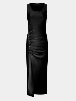 Outlet Robe noire drapée pression sans manches Robes