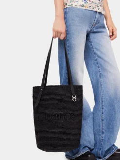 Sale Sac cabas en raphia noir avec logo Sacs Porté Épaule