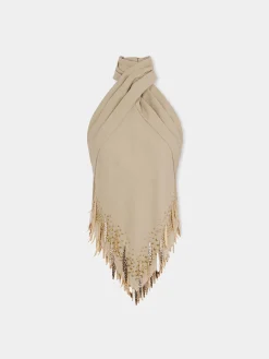 Cheap Top en laine de couleur sable orné de détails de franges métalliques n Maille
