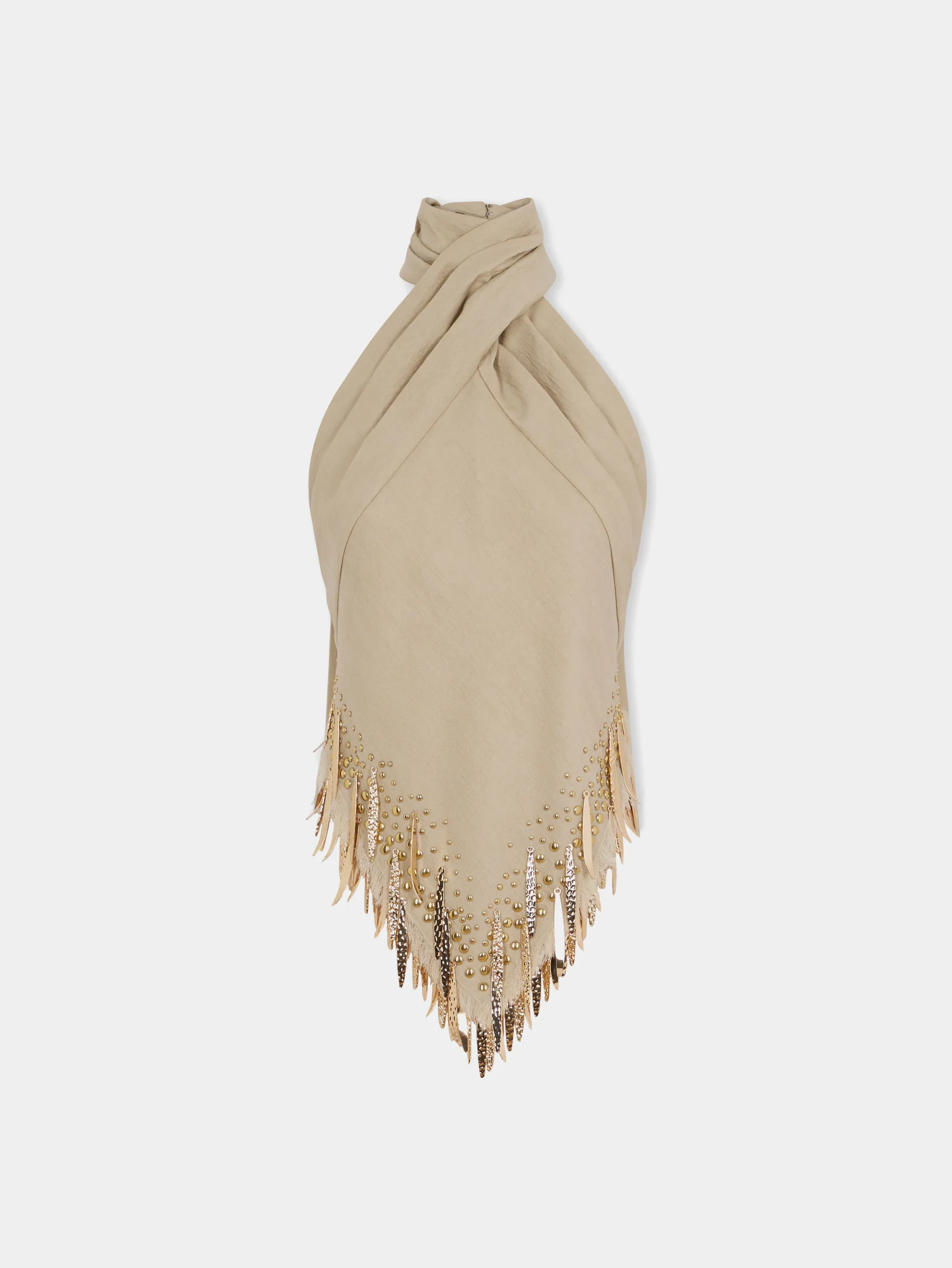 Cheap Top en laine de couleur sable orné de détails de franges métalliques n Maille