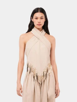 Cheap Top en laine de couleur sable orné de détails de franges métalliques n Maille