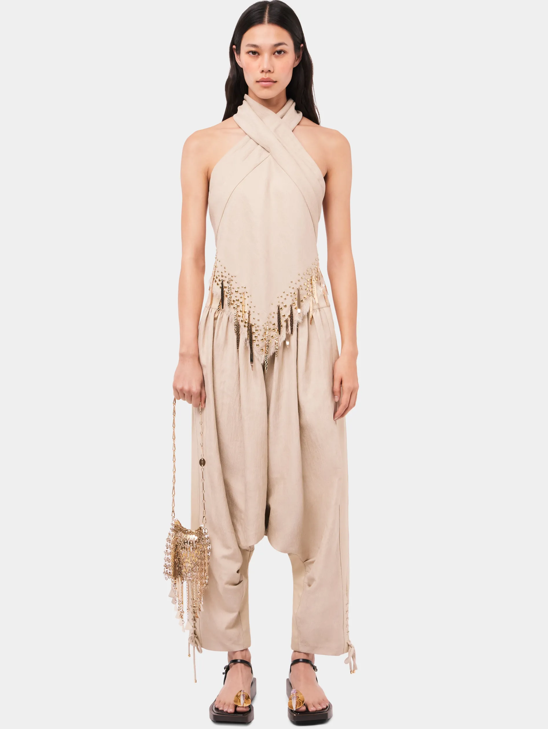 Cheap Top en laine de couleur sable orné de détails de franges métalliques n Maille