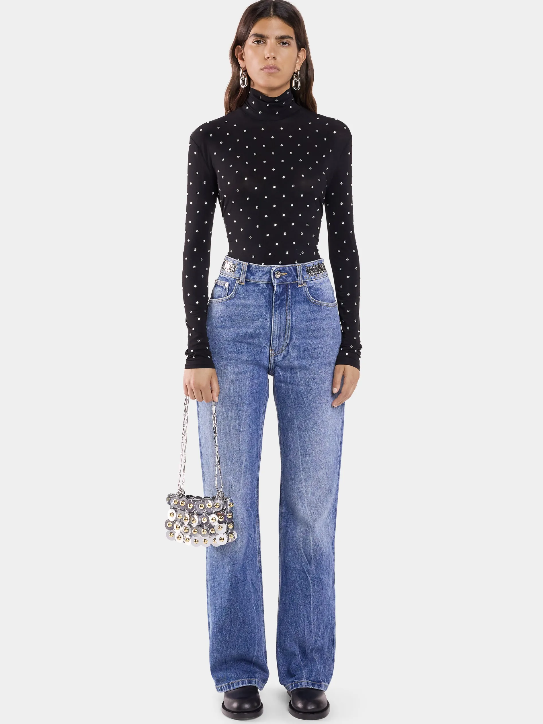 Discount TOP NOIR EN JERSEY SECONDE PEAU ORNÉ DE CRISTAUX Hauts